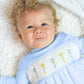 Baby Rattle Smocked Knit Onesie In Blue