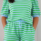 Green Stripe Plus Size Colorblock Detail Puff Sleeve Top Drawstring Shorts 2pcs Outfit