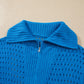 Sky Blue Solid Color Hollowed Knit Short Sleeve Zipper Collar Knitwear Top