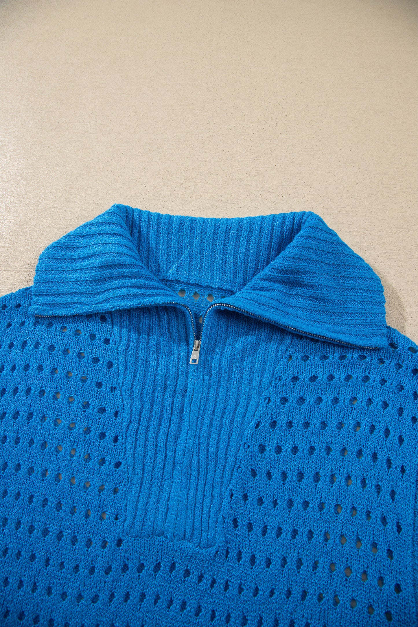 Sky Blue Solid Color Hollowed Knit Short Sleeve Zipper Collar Knitwear Top
