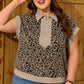 Beige Ribbed Patchwork Collar Cuffed Sleeve Leopard Plus Top