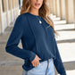 Navy Blue Solid Exposed Seam Crew Neck Long Sleeve Top