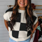 Light Blue Checkered Color Block Crew Neck Short Sleeve Sweater