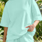 Yellow Cream Solid Color Exposed Seam Mock Neck Oversize Tee Casual Shorts 2pcs Outfit
