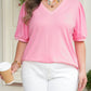 Bonbon V Neck Pleated Short Puff Sleeve Plus Size Blouse