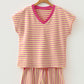Yellow Stripe Colorblock Trim V Neck Tee Drawstring Elastic Waist Short Set