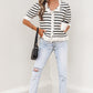 Beige Stripe Ruffle Trim Button Down Knit Short Sleeve Sweater Cardigan