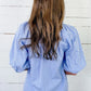 Sky Blue Summer Plaid V Neck Puff Sleeve Blouse