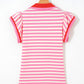 Rose Stripe Contrast Trim Polo Collar Ruffled Short Sleeve Blouse