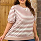 Orange Stripe Ribbed Trim Round Neck Short Puff Sleeve Plus T Shirt