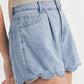 Myosotis Solid Color Scalloped Trim Casual Denim Shorts