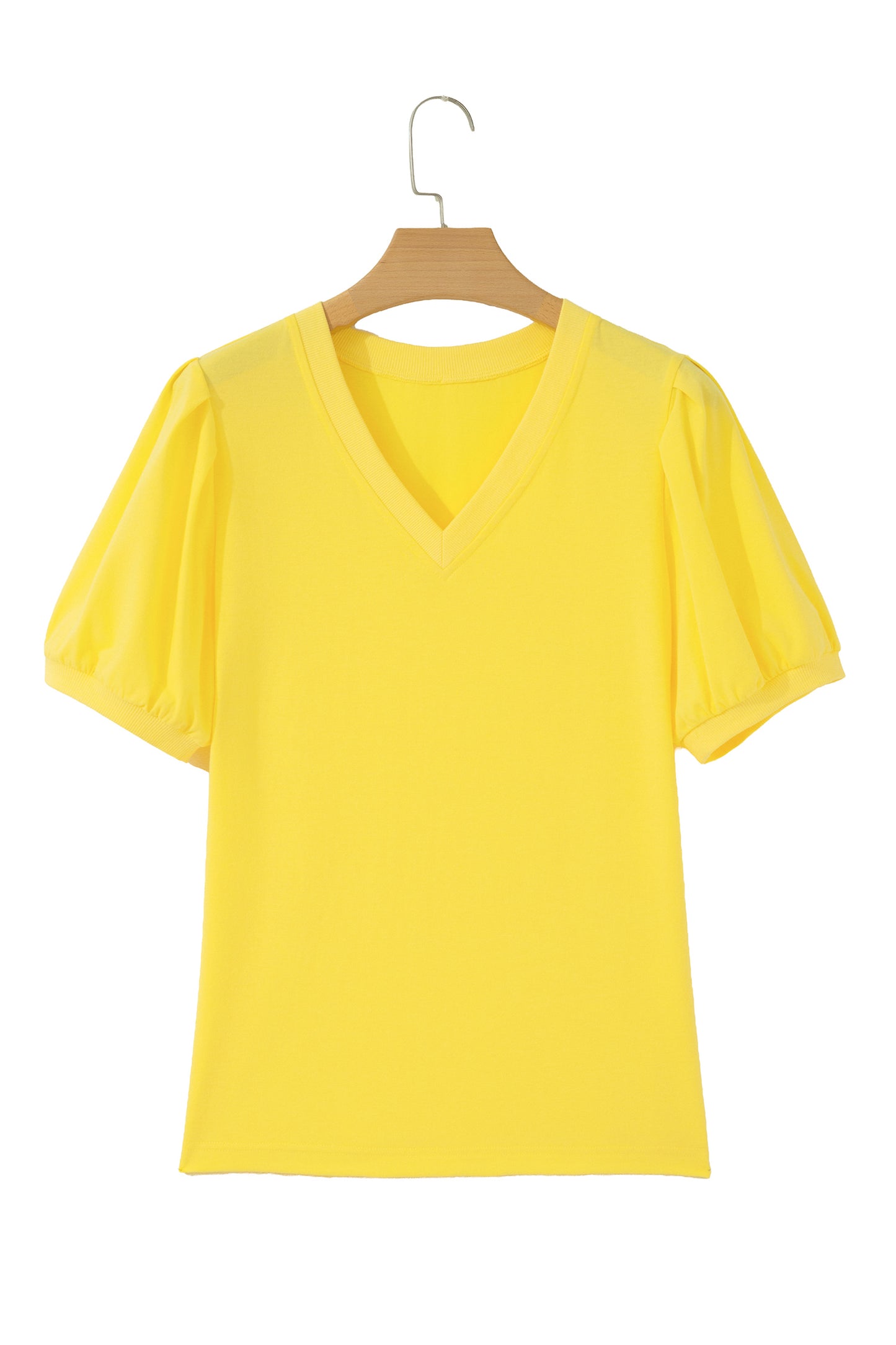 Mint Green Solid Color V Neck Short Puff Sleeve Blouse