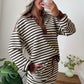 Brown Stripe Contrast Trim Button Neck Long Sleeve Top Drawstring Mini Skirt Set
