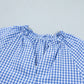 Sky Blue Summer Plaid V Neck Puff Sleeve Blouse