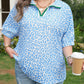 Sky Blue Striped V Neckline Half Sleeve Plus Size Leopard Blouse