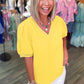 Mint Green Solid Color V Neck Short Puff Sleeve Blouse