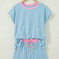 Yellow Cream Soft Ribbed Color Block Trim Casual Short Set