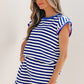 Blue Stripe Contrast Trim Cap Sleeve Top Casual Shorts 2pcs Set