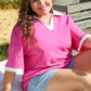 Pink Contrast Trim Collared Split Neck Short Sleeve Plus Size Top
