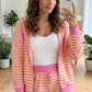 Rose Red Striped Long Sleeve Zip-Up Hoodie Drawstring Elastic Waist 2pcs Short Set