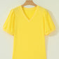 Mint Green Solid Color V Neck Short Puff Sleeve Blouse