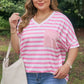 Pink Stripe Colorblock Patched Pocket V Neck Plus Size Tee