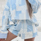 Sky Blue Patchwork Floral Print Drop Shoulder Baggy Pullover Drawstring Shorts Set