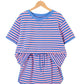Pink Stripe Relaxed Short Sleeve Top Elastic Waist Drawstring Skort 2pcs Set