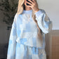 Sky Blue Patchwork Floral Print Drop Shoulder Baggy Pullover Drawstring Shorts Set