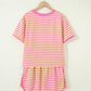 Pink Stripe Relaxed Short Sleeve Top Elastic Waist Drawstring Skort 2pcs Set