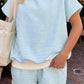 Pink Stripe Cuffed Sleeve Contrast Mock Neck Tee Casual 2pcs Short Set