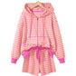 Rose Red Striped Long Sleeve Zip-Up Hoodie Drawstring Elastic Waist 2pcs Short Set