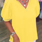 Mint Green Solid Color V Neck Short Puff Sleeve Blouse