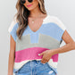 Pink Color Block Notch V Neck Sweater T Shirt