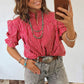 Blue Stripe Ruffled Short Puff Sleeve Button Front Blouse