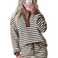 Brown Stripe Contrast Trim Button Neck Long Sleeve Top Drawstring Mini Skirt Set