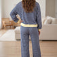 Blue Stripe Color Block Patchwork Zip V Neck Pullover Loose Pants 2pcs Set