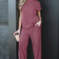 Burgundy Twisted Ribbed High Neck Loose Tee Elastic High Waist Loose Pant Set