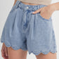 Myosotis Solid Color Scalloped Trim Casual Denim Shorts