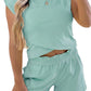 Mist Blue Solid Short Sleeve Elastic Waist Pocket Casual Two Piece Short Set