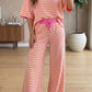 Yellow Stripe Colorblock Trim Crew Neck Loose Tee Drawstring Elastic Waist 2pcs Pant Set