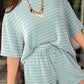 Sky Blue Stripe Raised Rib Loose Tee Drawstring Elastic Waist 2pcs Short Set