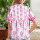 Purple Coquette Floral Bow Printed Contrast Ruffled Short Sleeve Blouse