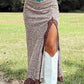 Brown Cheetah Print Trim Split Long Western Skirt