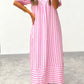 Pink Stripe V Neck Short Sleeve Shift Long Dress