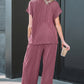 Burgundy Twisted Ribbed High Neck Loose Tee Elastic High Waist Loose Pant Set