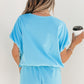 Light Blue Solid Color Puffy Loose Top Drawstring Shorts 2pcs Outfit