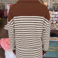 Brown Stripe Contrast Trim Button Neck Long Sleeve Top Drawstring Mini Skirt Set