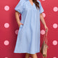 Sky Blue Stripe Shirred Detail Collar V Neck Plus Size Midi Dress