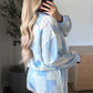 Sky Blue Patchwork Floral Print Drop Shoulder Baggy Pullover Drawstring Shorts Set